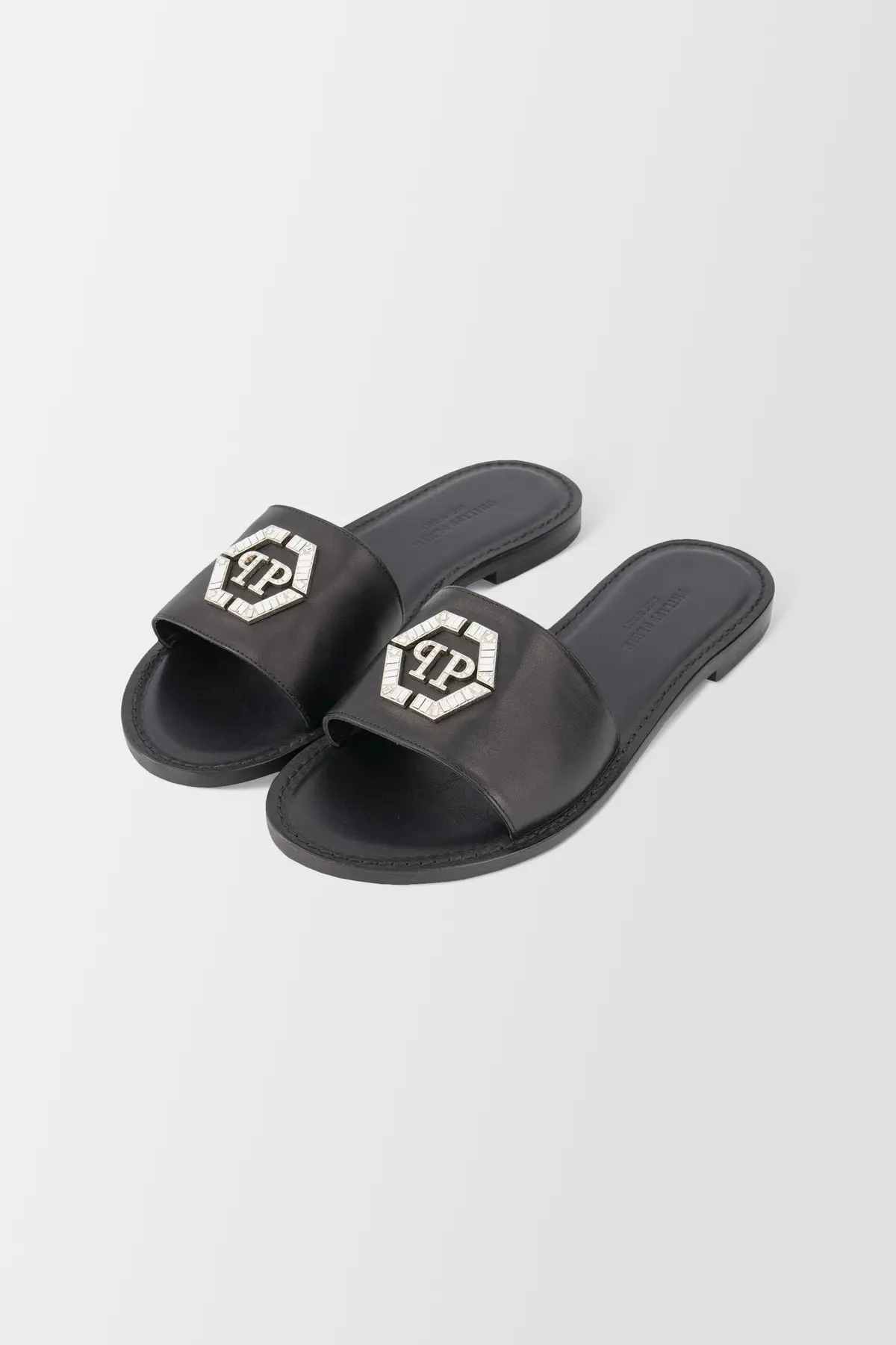 Philipp Plein Black Leather Hexagon Logo Flat Slides 1