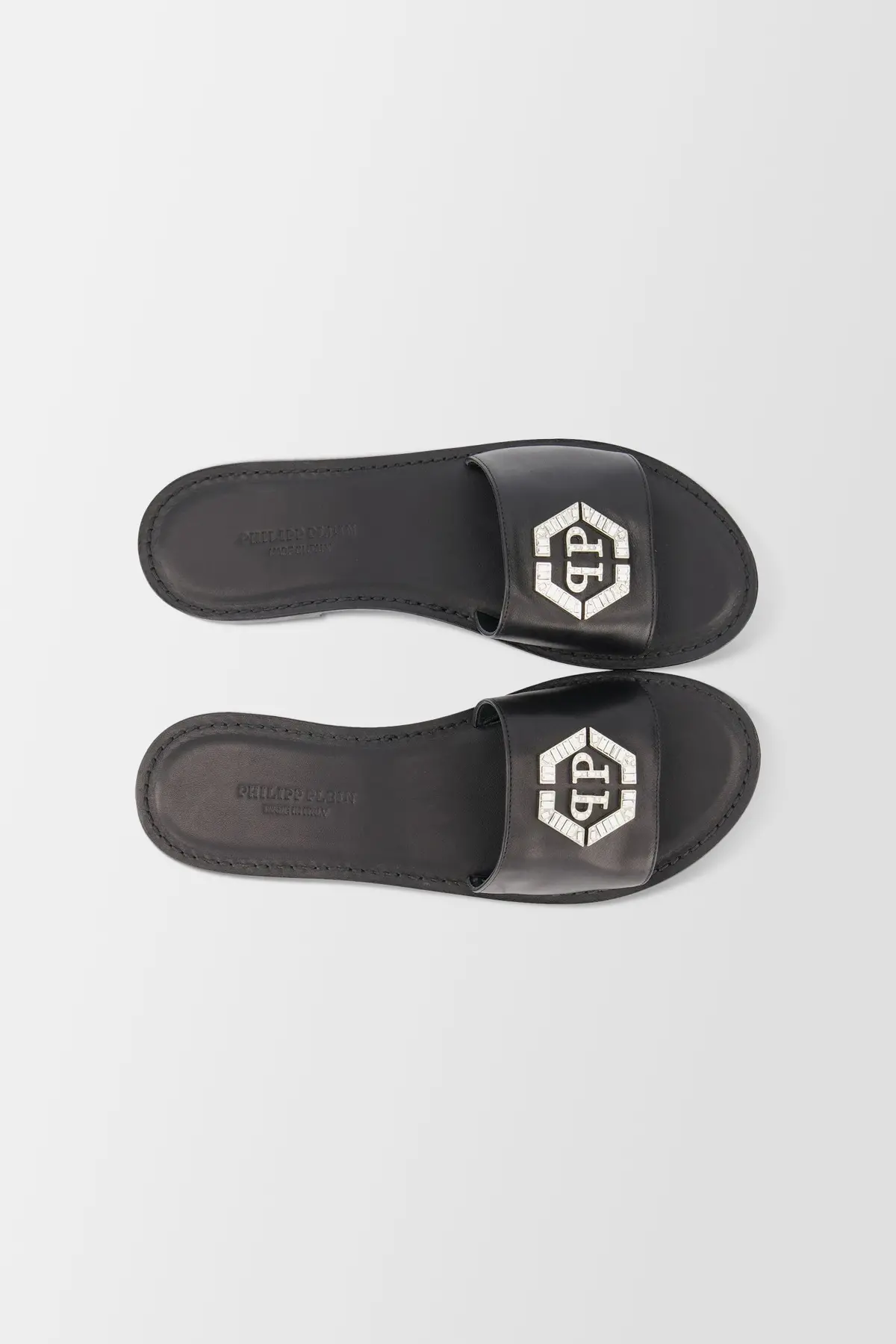 Philipp Plein Black Leather Hexagon Logo Flat Slides 3