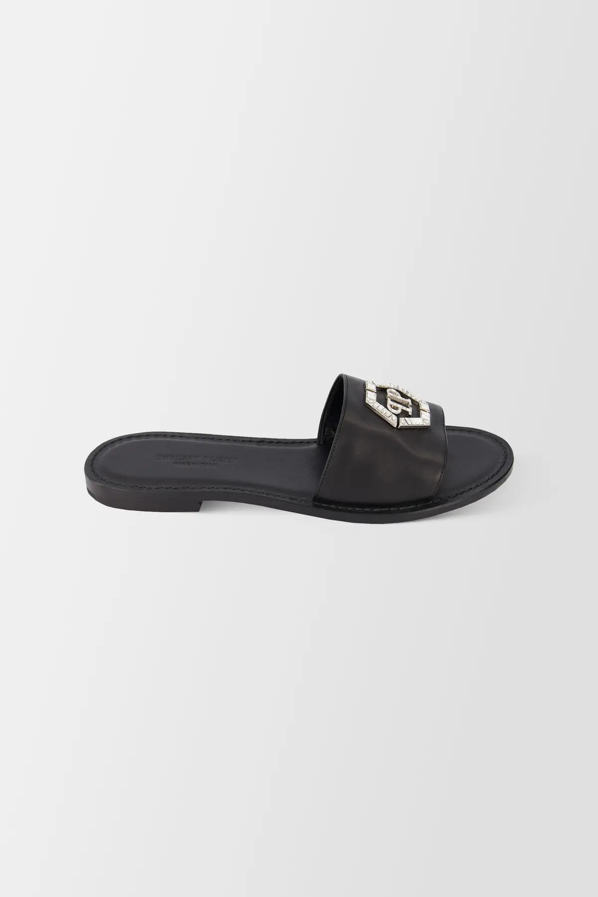 Philipp Plein Black Leather Hexagon Logo Flat Slides 2
