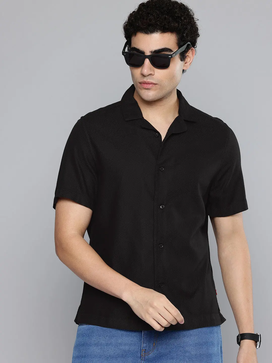 Men's Solid Black Spread Collar Shirt 1
