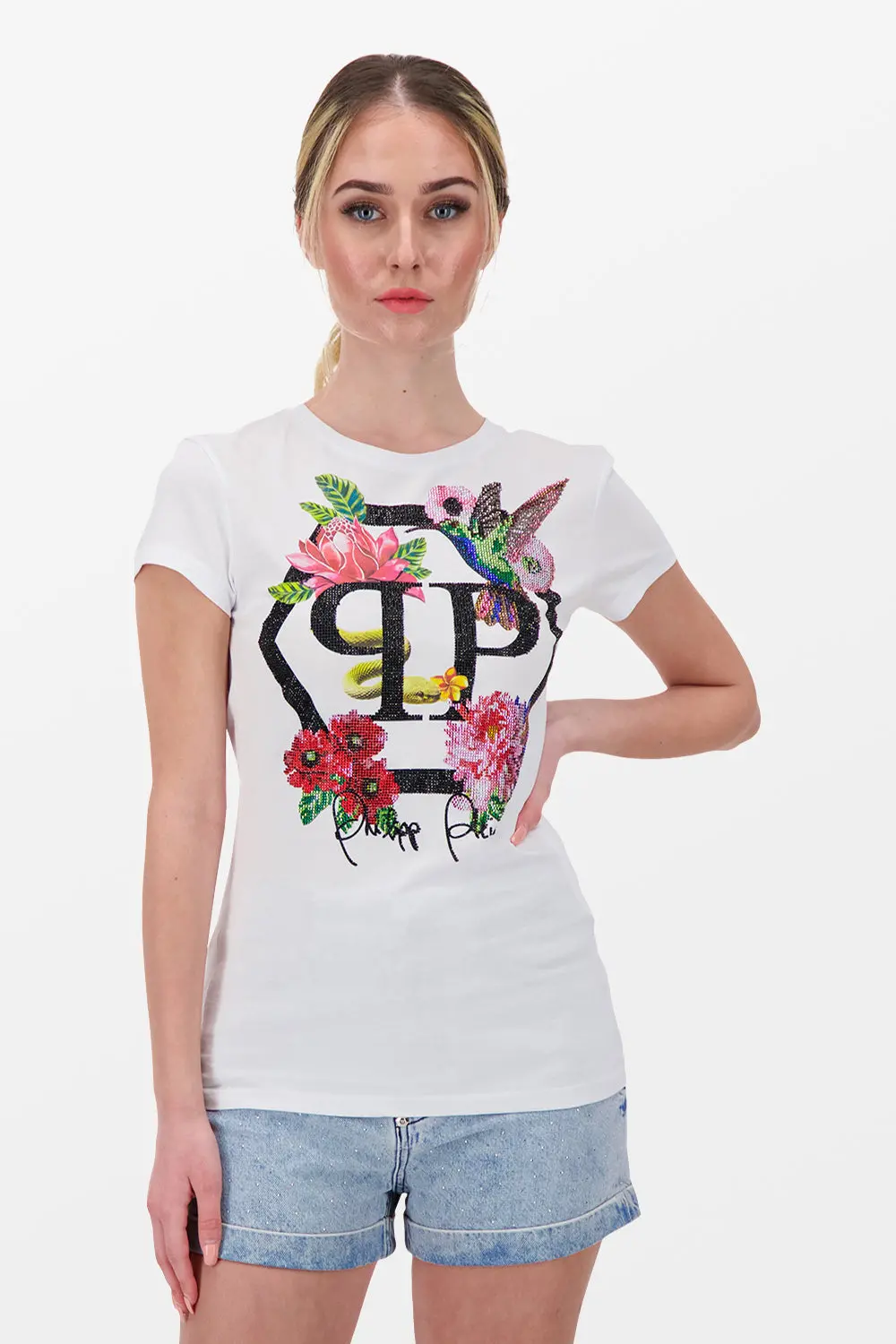 Philipp Plein White Round Neck Ss Flowers T-Shirt 1
