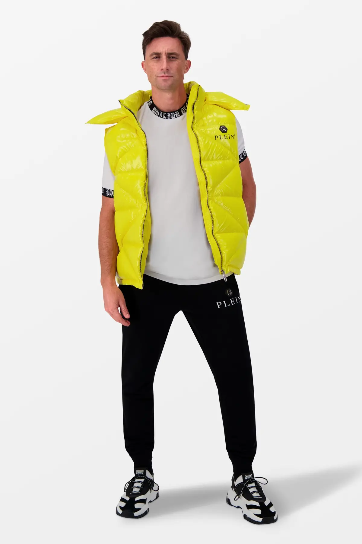 Philipp Plein Yellow Sleeveless Quilted Down Jacket Hexagon 1